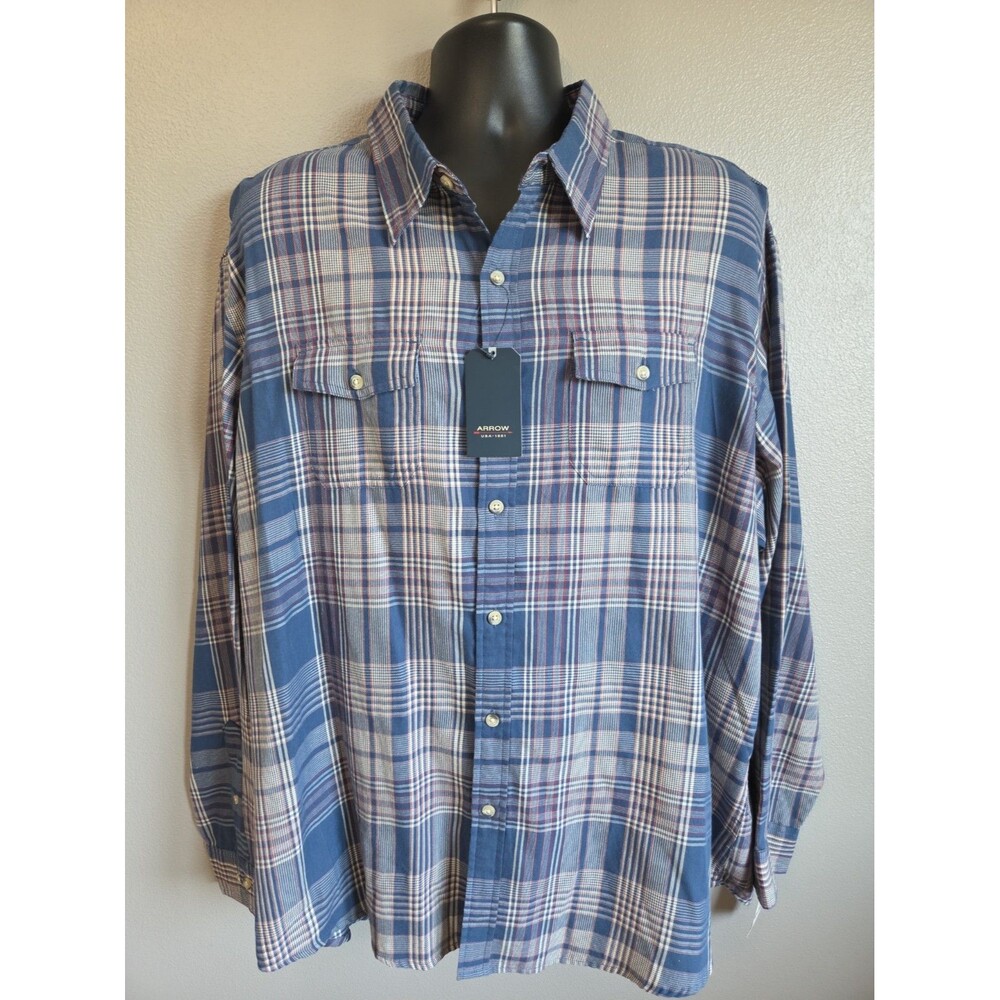 NWT Arrow Mens 2XL Weathered Twill Button Up Shirt Ensign Blue Plaid XXL New